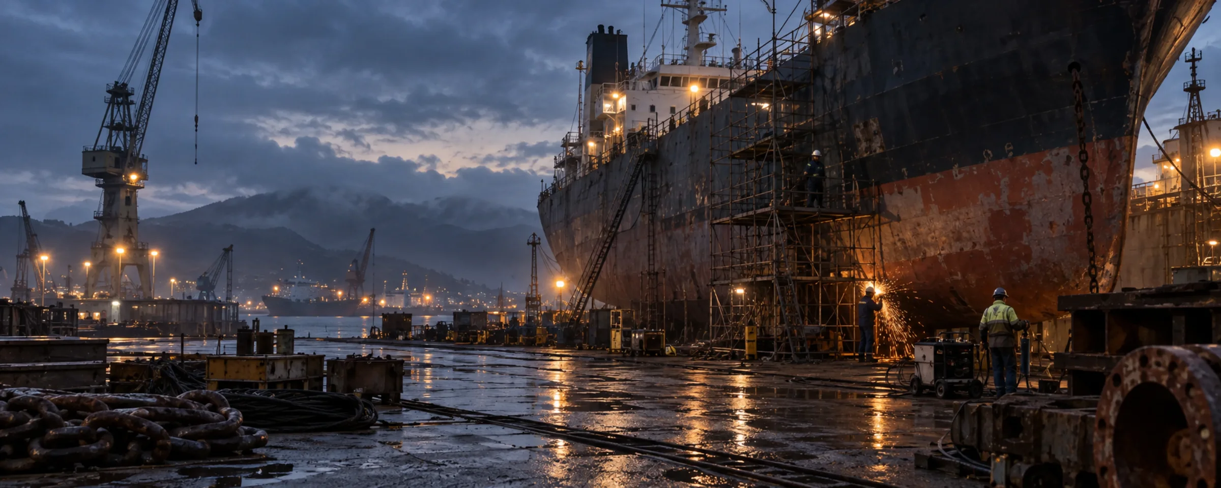 Marine maintenance crew working beside a weathered vessel in a wet shipyard